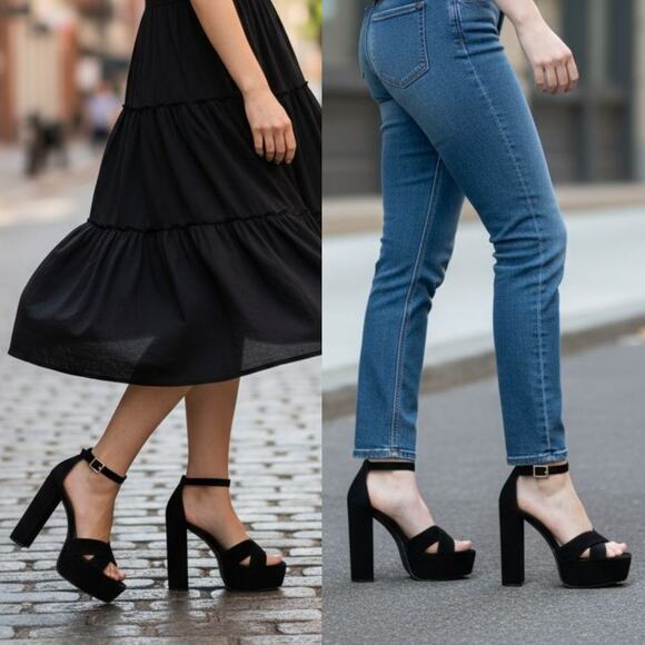 Good American Platform Block Heel Black Suede Ankle Strap Chunky Sandal 10.5 NEW - Picture 1 of 12